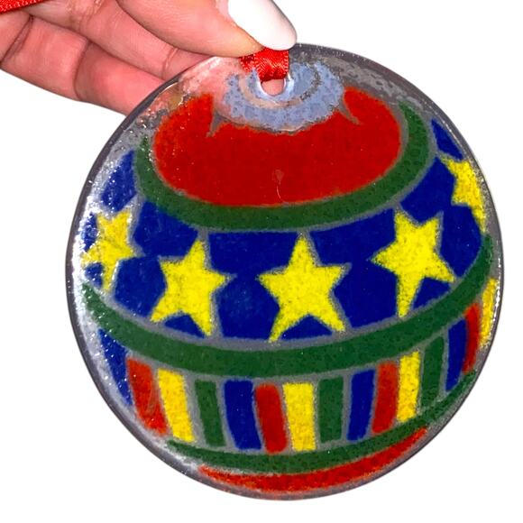 Peggy Karr Christmas Ornament Ball Stars Bars Fused Glass Holiday - Picture 3 of 12